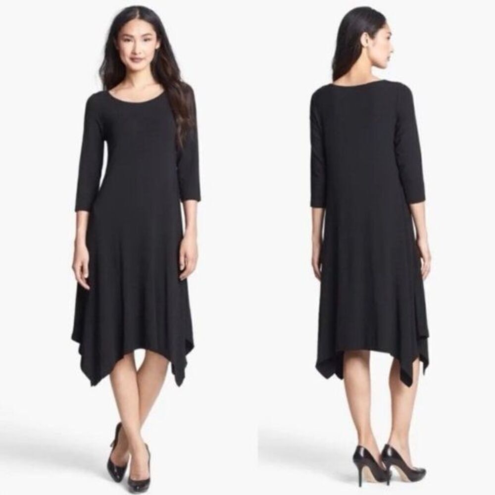 Eileen Fisher Black Stretch Rayon Handkerchief Hem Dress L in Black